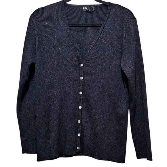 Style & Co Womens Black Metallic Ribbed Button-Up Cardigan Sweater XL Acrylic Bl - Picture 1 of 8